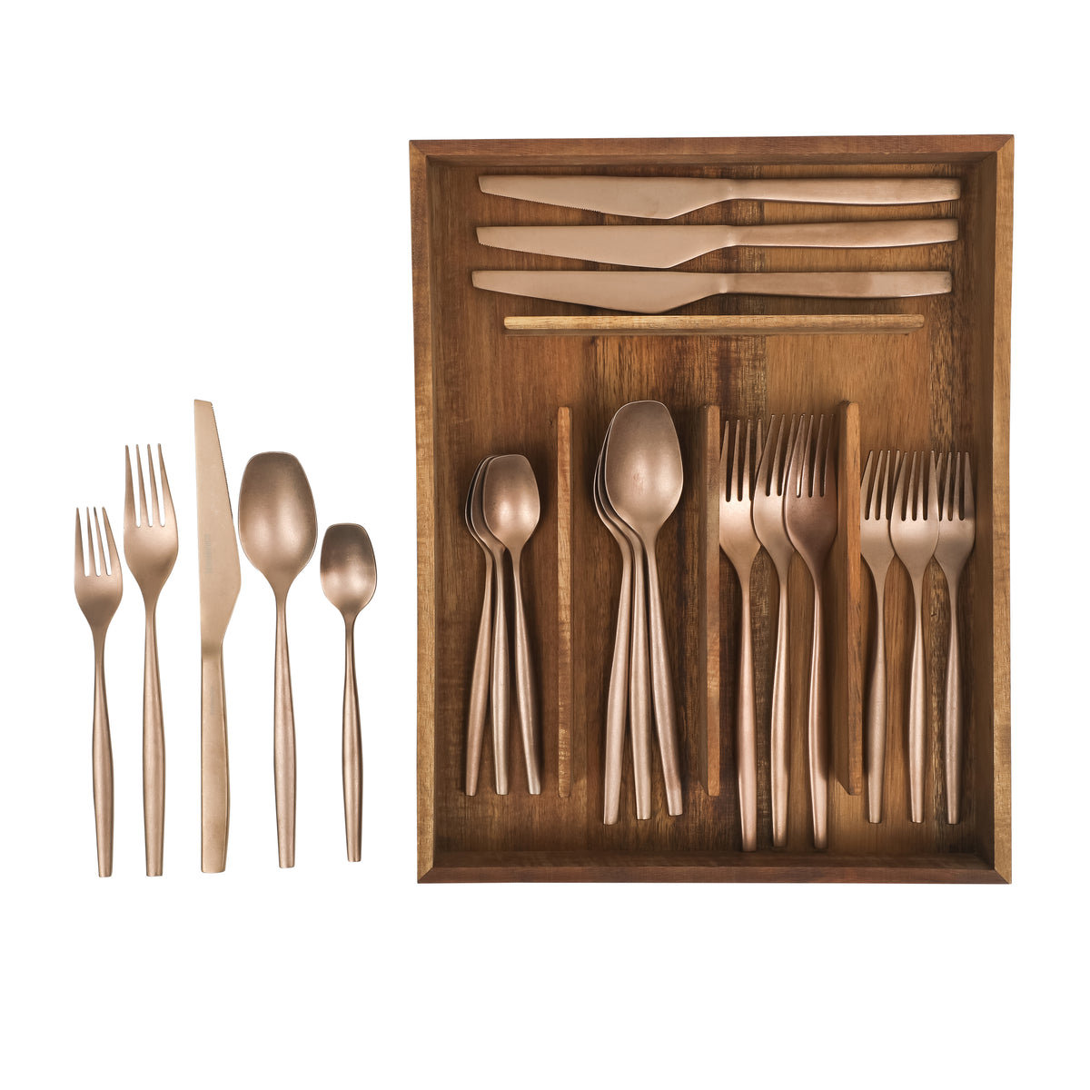 Bloomhouse 20 Piece Stone Washed Gold Flatware 18/10 Stainless Steel Silverware Cutlery Utensil Set With Acacia Wood Caddy - Service for 4